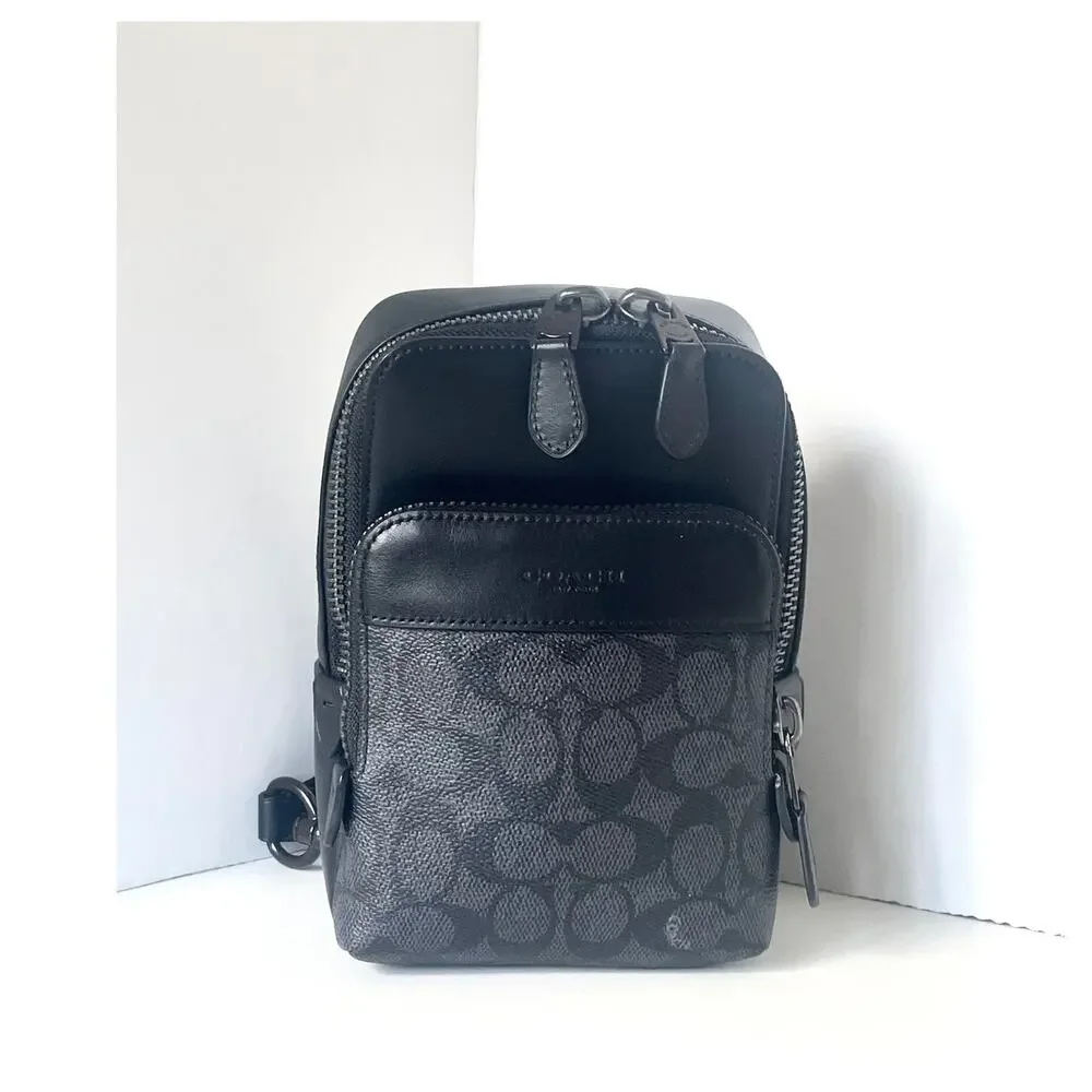 Coach Gotham Sling Pack 13 Signature Canvas Black Leather CC091 Bag